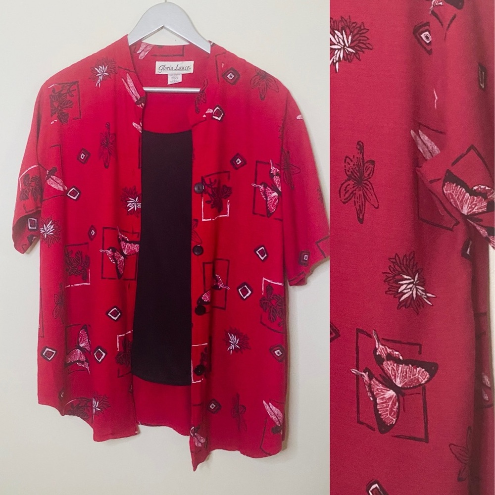 Vintage Red Butterfly 🦋 and dragonflies button down/ black attached half tank